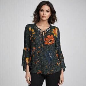 Kobi Halperin 100% Silk Blouse Top Tie Floral with Flare Sleeves Size XL